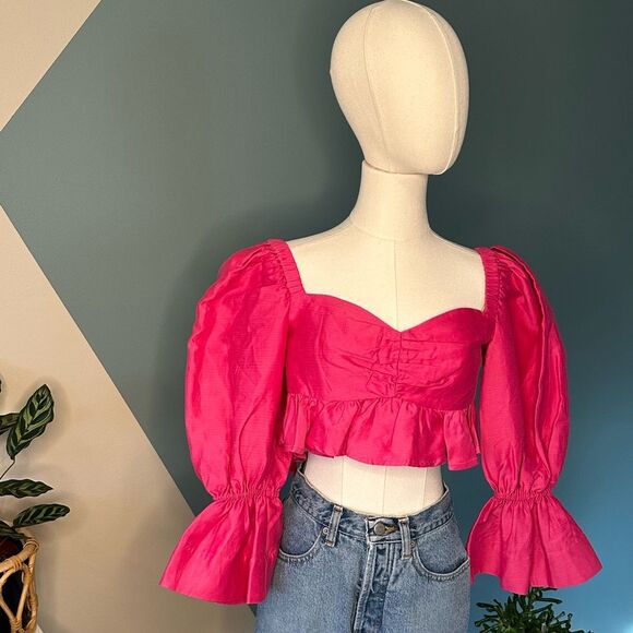 Alémais Pink Puff Sleeve Crop Top Sweetheart Neckline Peplum Blouse Size 2 NWOT